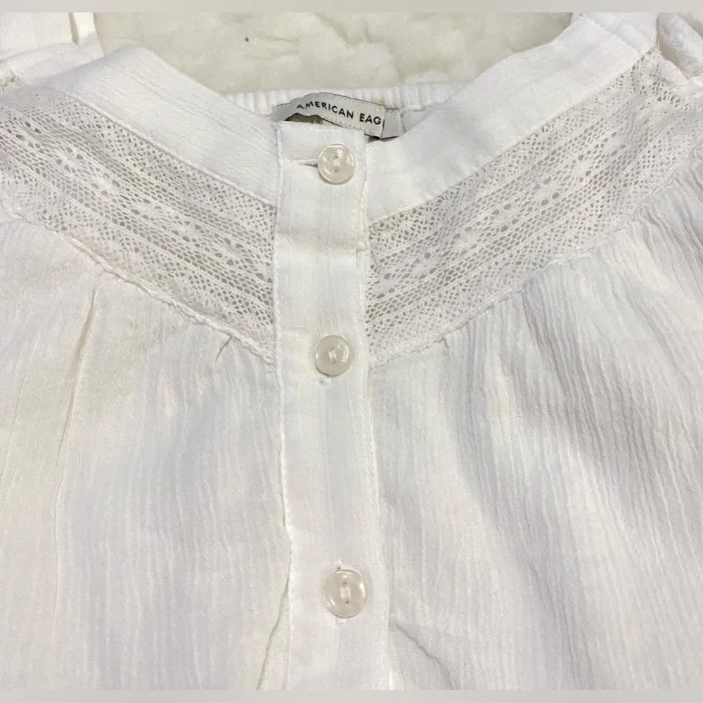 American Eagle Womens S Solid White Ruffle  Sleeve Top Boho Y2K Cottagecore - Picture 5 of 14